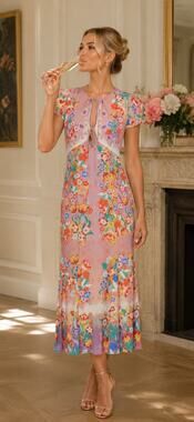 SALONI Multicolored Sienna Floral Cap Sleeve Ruffle Hem Lace Up Top Midi Dress 4